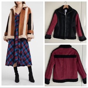 SJYP mustang jacket suede faux shearling bomber aviator coat red black